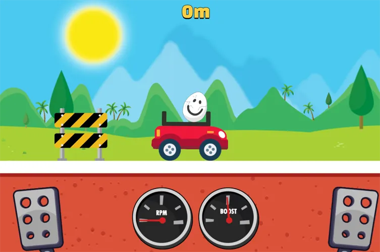 Eggy Car red car with an egg on the roof at 0m, RPM and Boost gauges below