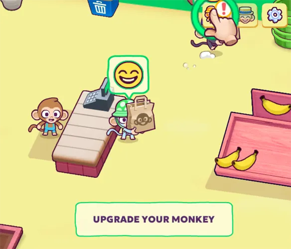 Monkey Mart checkout with a customer at the register and an Upgrade your monkey prompt
