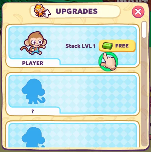 Monkey Mart upgrades panel with Stack LVL 1 on a free button and two locked staff slots