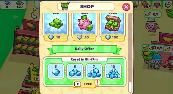 Monkey Mart shop with cash packs for diamonds and a daily offer that includes a free pack