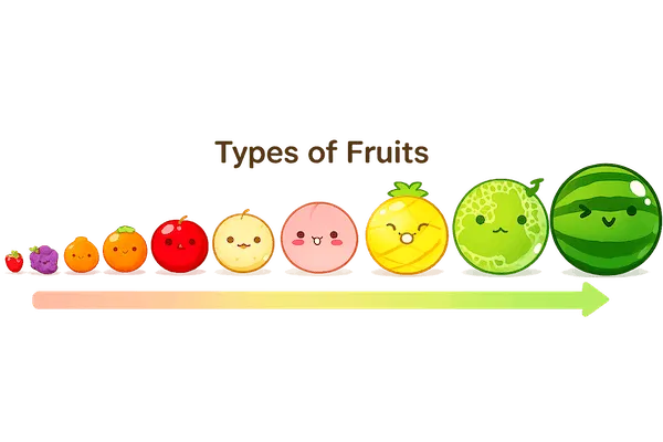 Suika Game Types of Fruits row from the smallest fruit on the left to a watermelon on the right