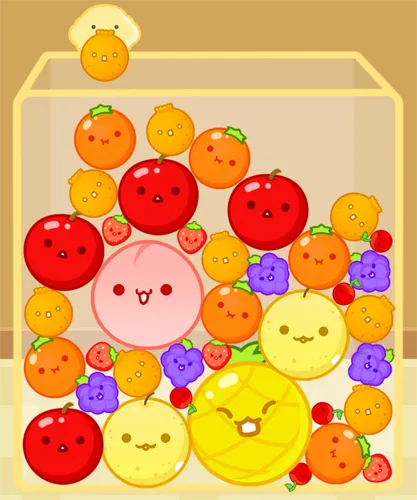 Suika Game box nearly full of mixed fruit with the next fruit waiting on the rim