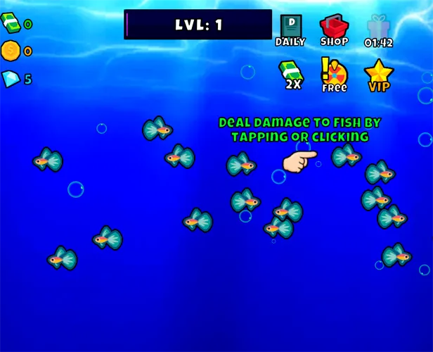 Fish Catch Idle at level 1, with the line deal damage to fish by tapping or clicking
