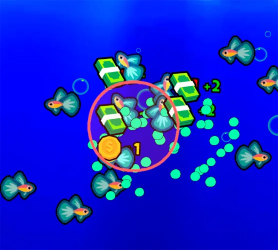 Fish Catch Idle cash and a coin dropping from a broken fish, with +2 beside the pile