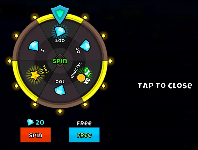 Fish Catch Idle prize wheel with a 20 diamond spin, a free spin, and tap to close
