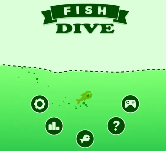 Fish Dive title screen with the FISH DIVE banner and a fish in the water, ready for press to play