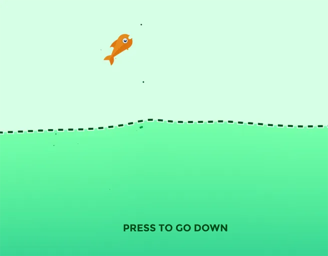 An orange fish above the water in Fish Dive with the caption PRESS TO GO DOWN