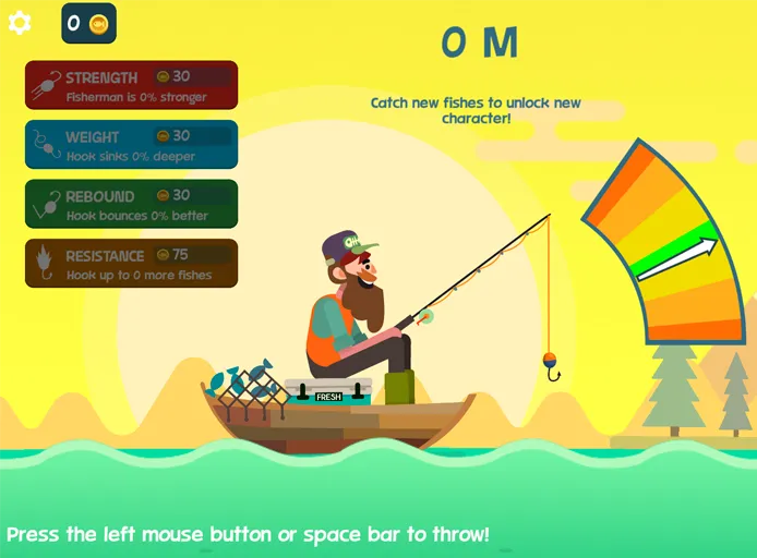 Fish Orbit throw, with the bar on green and the prompt to press the left mouse button or space bar