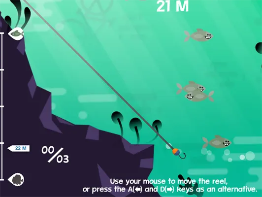 Fish Orbit underwater, with the prompt to move the reel using the mouse or the A and D keys