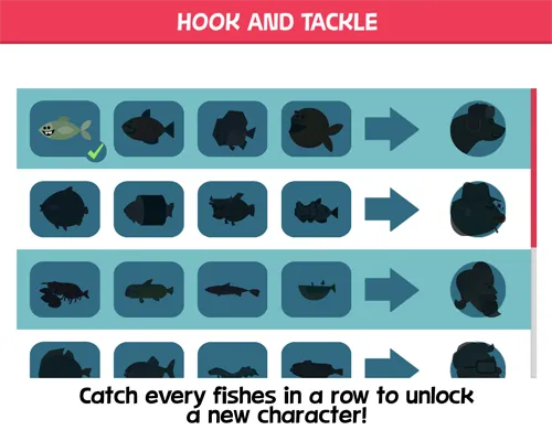 Fish Orbit hook and tackle list, where a full row of fish unlocks a character