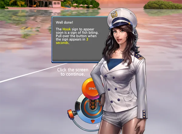 Fish Quest prompt to pull when the hook sign appears, using the Space button