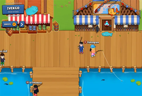 Fishing Ton dock with several players fishing and a stall for quests