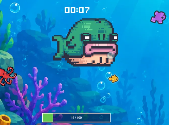 Hungry Whale, swimming after fish while the energy bar drains