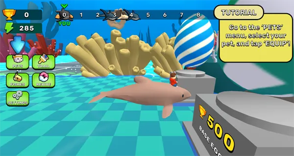 Obby Fish Challenge Ride pets menu, where you select a pet and equip it before the ride