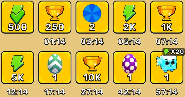 Obby Fish Challenge Ride rewards that unlock over time for trophies, energy, eggs, and pets