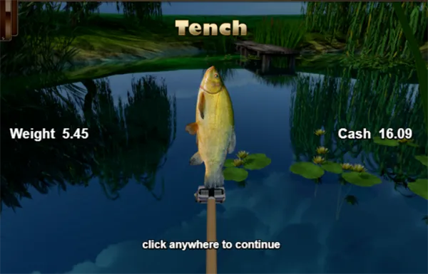 Real Fishing Simulator catch screen with the fish weight and the cash it paid