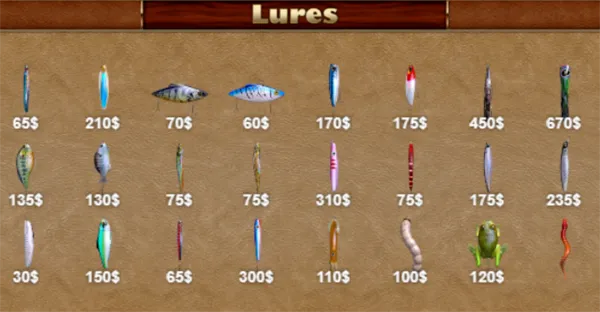 Real Fishing Simulator lure shop, where cash from catches buys a new lure