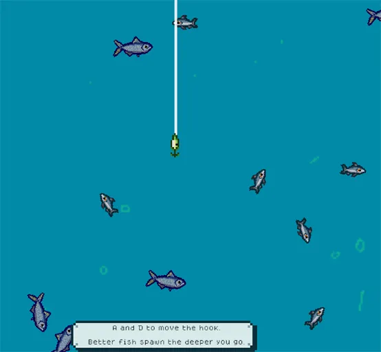 Scale the Depths hook underwater, moved with A and D toward the fish